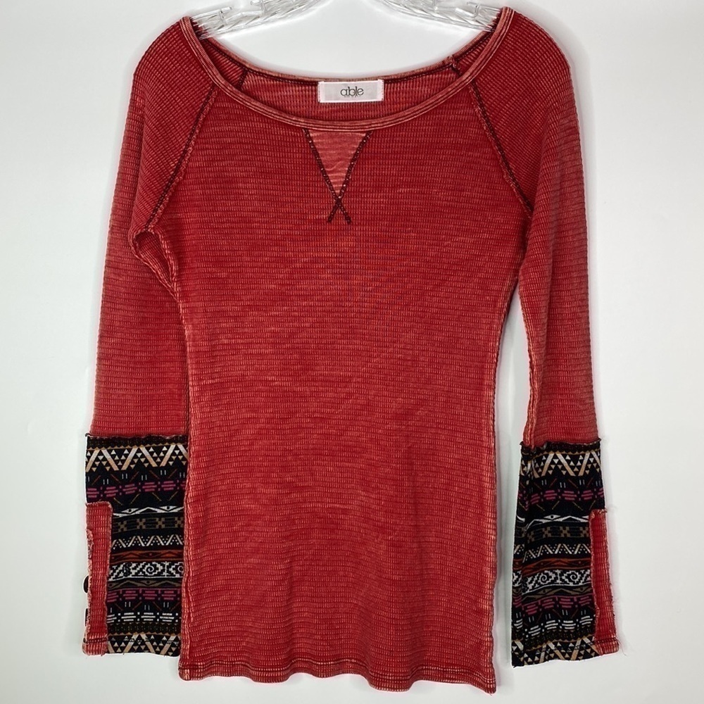 Able Brick Red Waffle Knit Boho Long Sleeve Top Size Small
